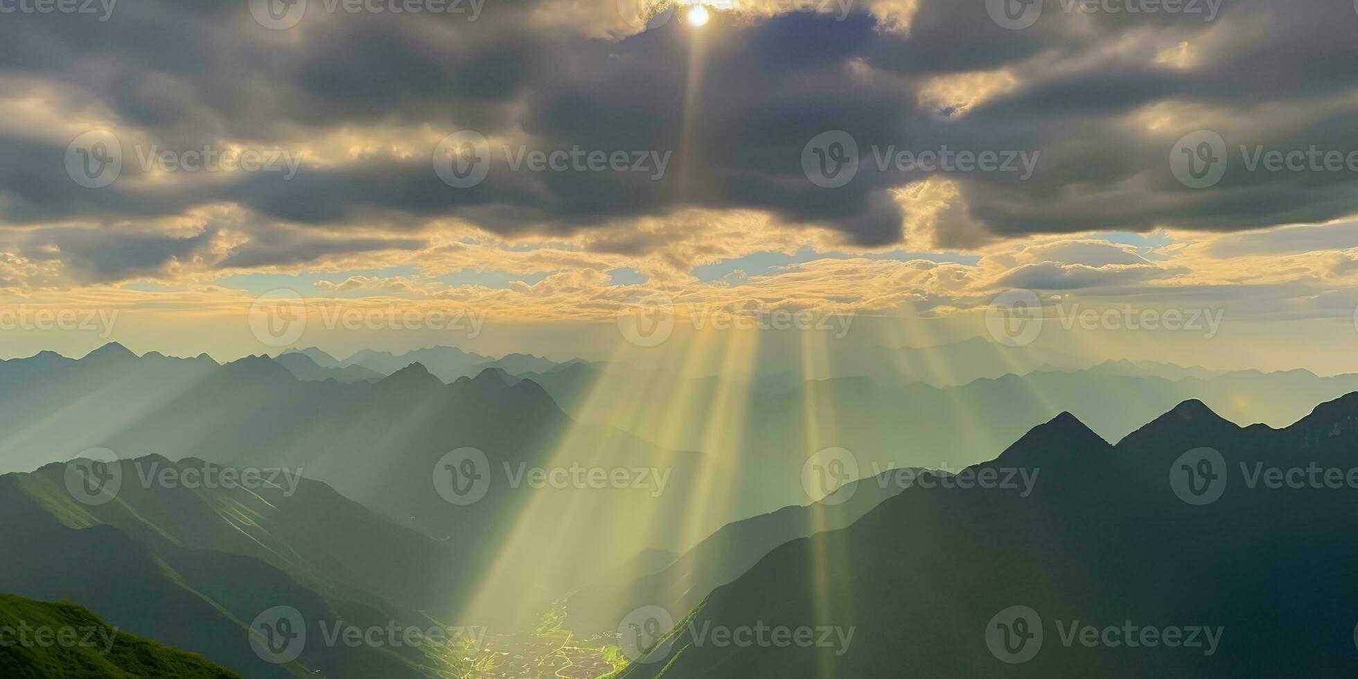 AI Generated. AI Generative. Sun ligh rays from the coulds on green mountains. Outdoor nature adventure landscape background. Graphic Art photo