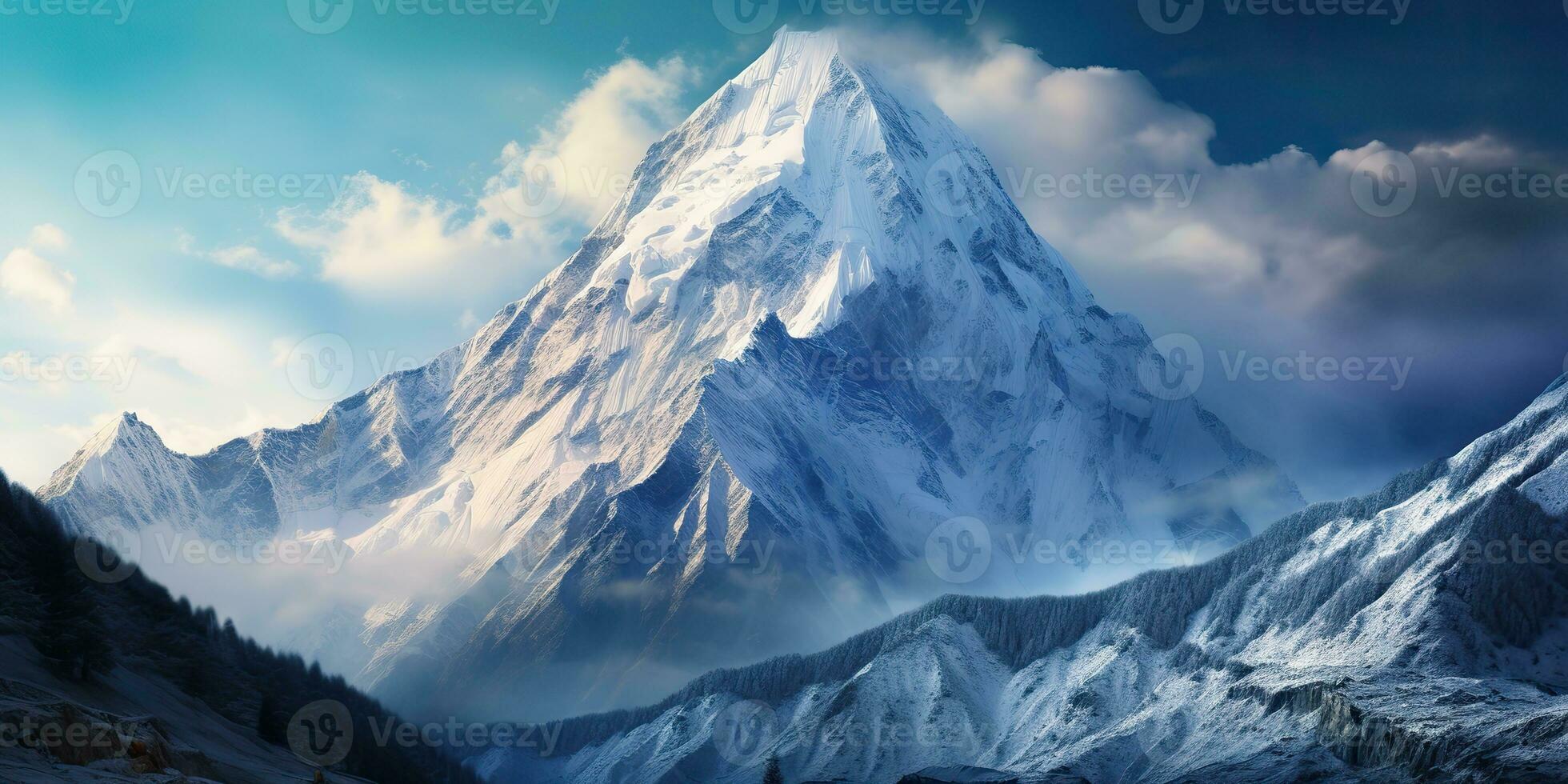 AI Generated. AI Generative. Snow ice faded mountain hill peak. Nature outdoor landscape background. Graphic Art photo