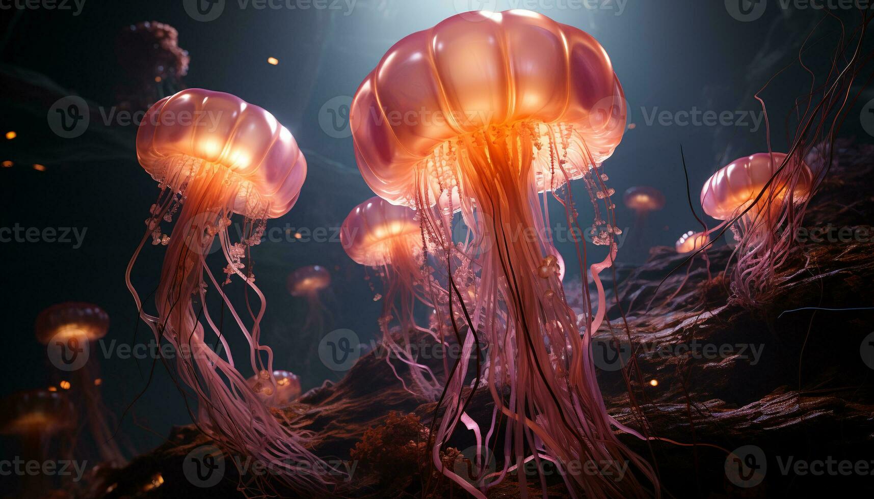 Glowing underwater beauty fish, tentacles, and multi colored cnidarians