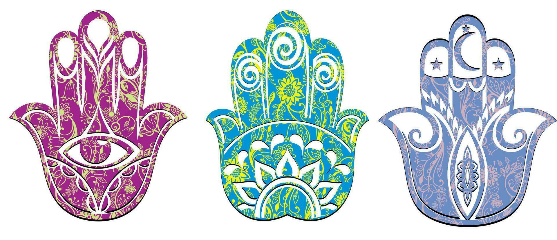 conjunto de Tres hamsa, mano de fátima, vector ilustración