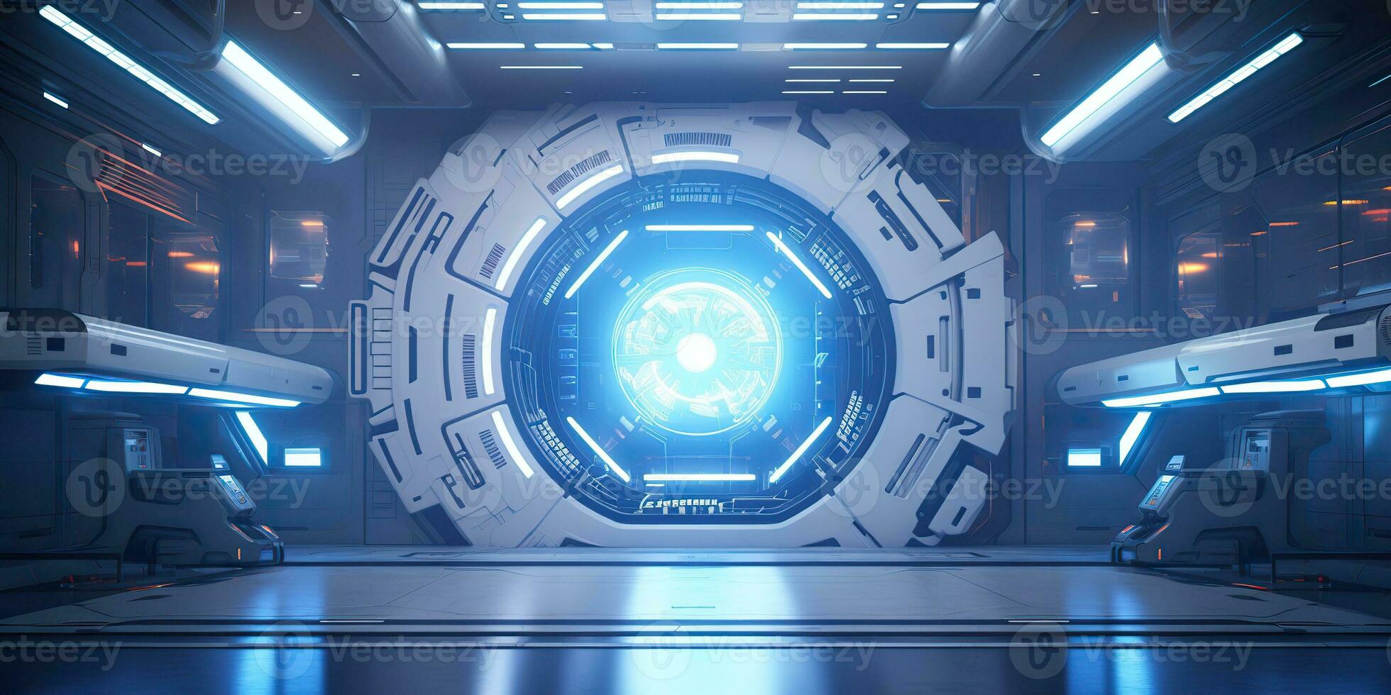 AI Generated. AI Generative. Futuristic space ship galaxy alien door gate entrance sci fi concept neon indoor architecture. Graphic Art photo