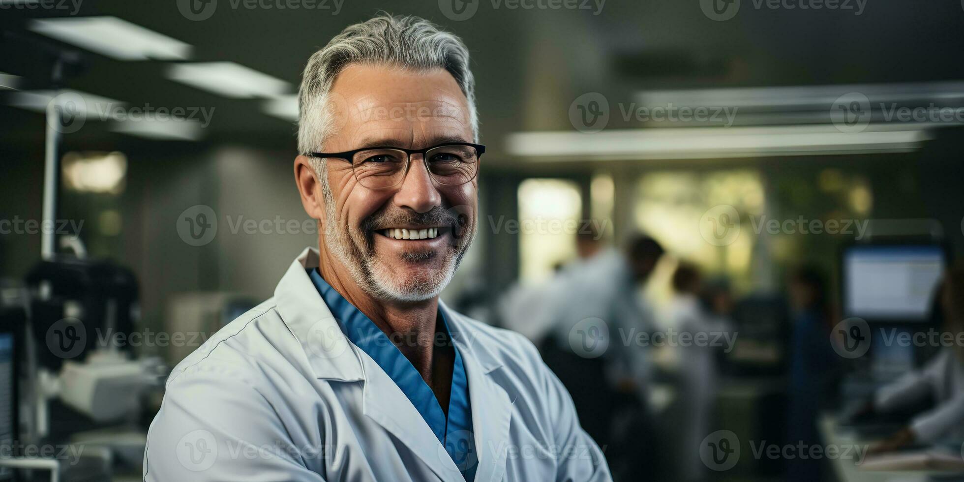 AI Generated. AI Generative. Adult male man doctor dentist face portrait at work place. Health care hospital center. Graphic Art photo