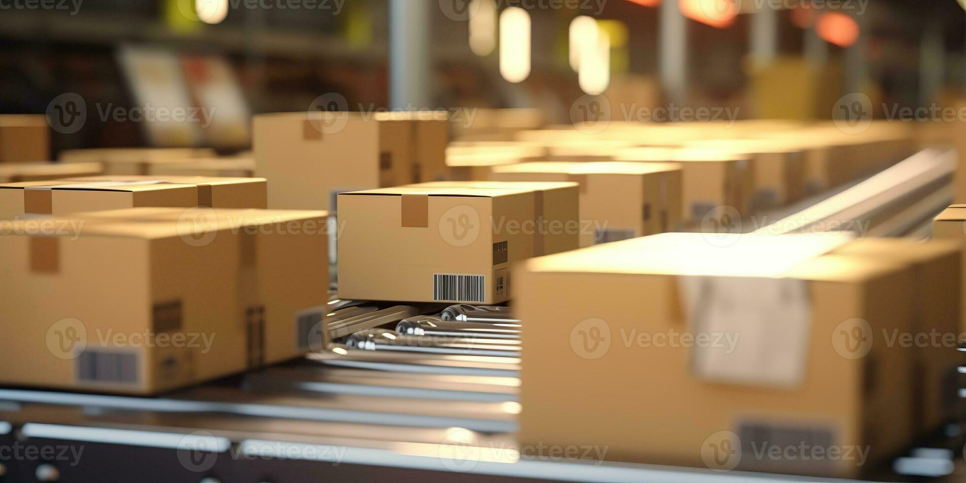 AI Generated. AI Generative. Factory shipping cargo delivery factory conveyor  belt with many cartoon box moving. Graphic Art photo