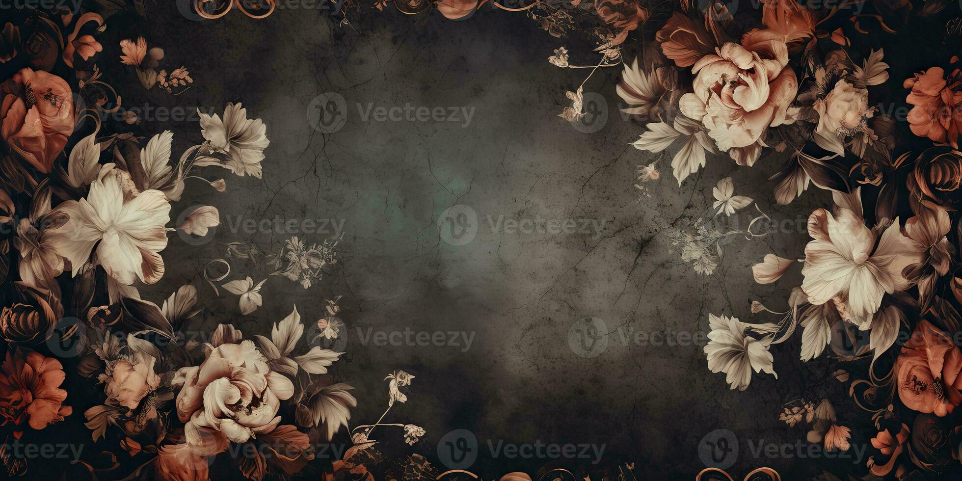 AI Generated. AI Generative. Vintage retro antique floral flowers pland frame in baroque style mock up background. Graphic Art photo