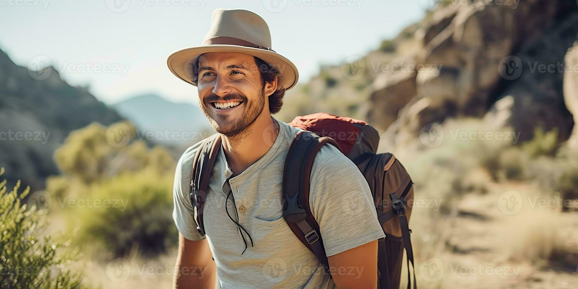 AI Generated. AI Generative. Handsome man in hat backpack trekking hiking portrait landscape adventure outdoor. Graphic Art photo