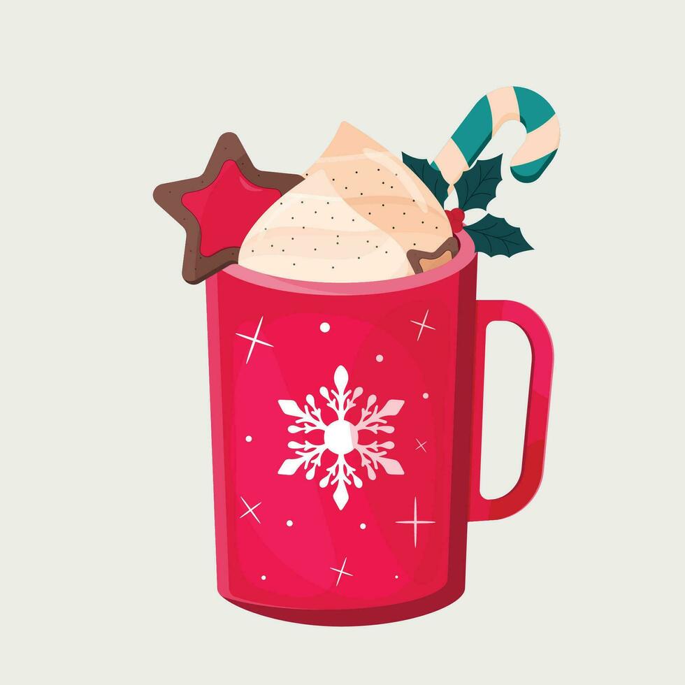 Christmas hot drink with cream, candy cane and cookies in a red cup vector