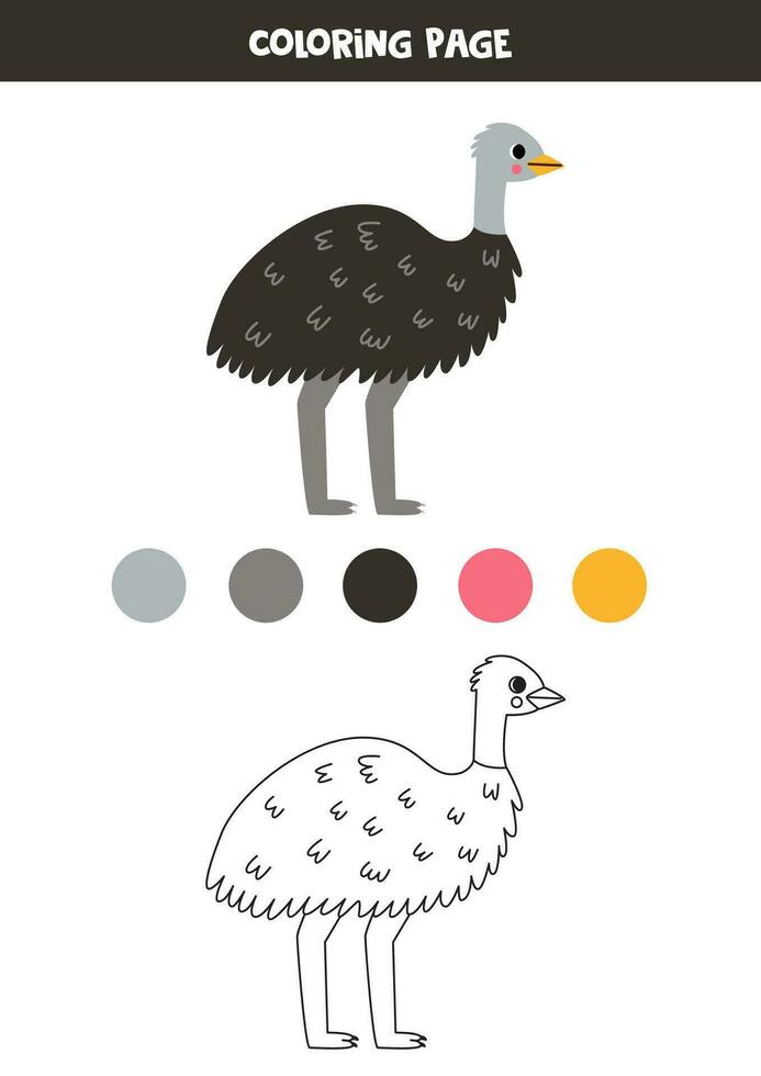 Color cute cartoon emu ostrich. Worksheet for kids. vector