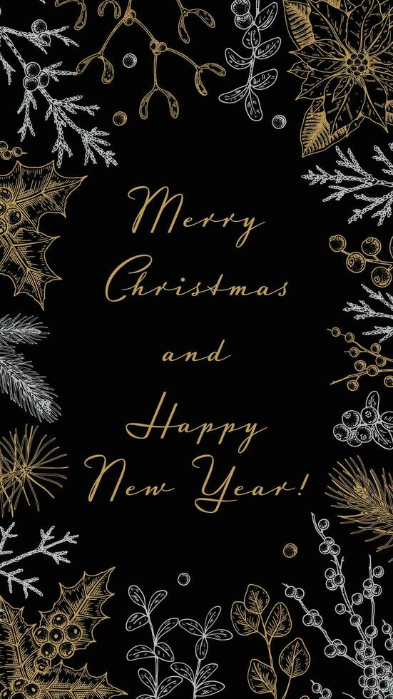 Merry Christmas and Happy New Year vertical greeting card with hand drawn golden botany elements. Vector illustration in sketch style. Festive background. Social media stories template