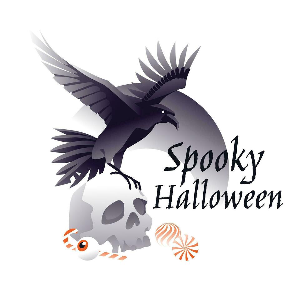 a raven sits on a human skull, candy is next to it. Halloween greeting card, banner, poster. Gradient style vector illustration