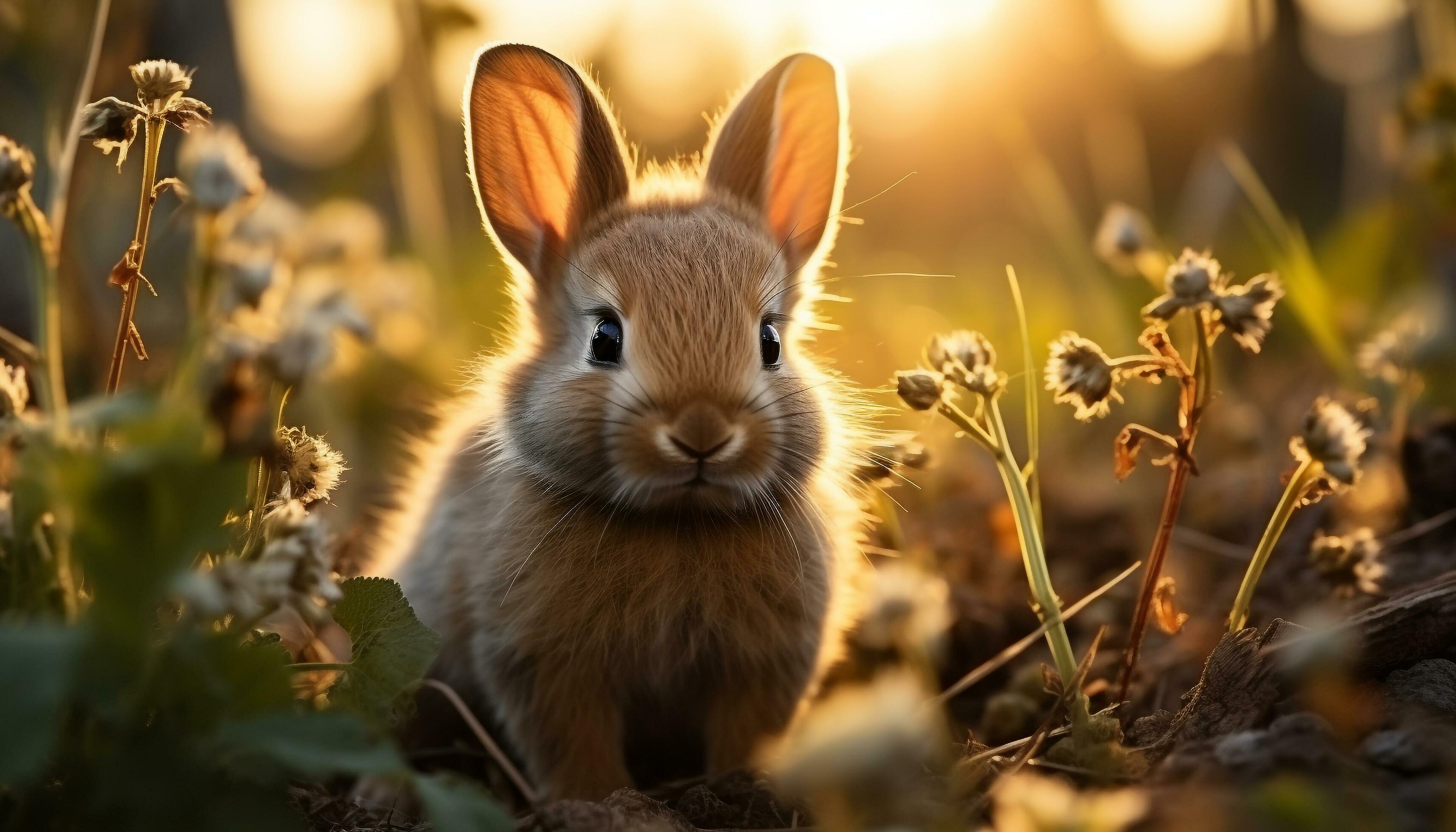 Cute baby rabbit sitting in grass, enjoying the sunlight generated by