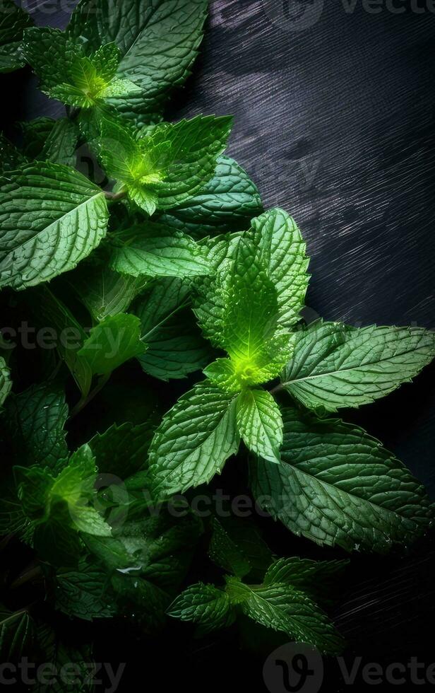 Fresh organic mint leaves ready for cooking on the kitchen table. Created with Generative AI technology. photo