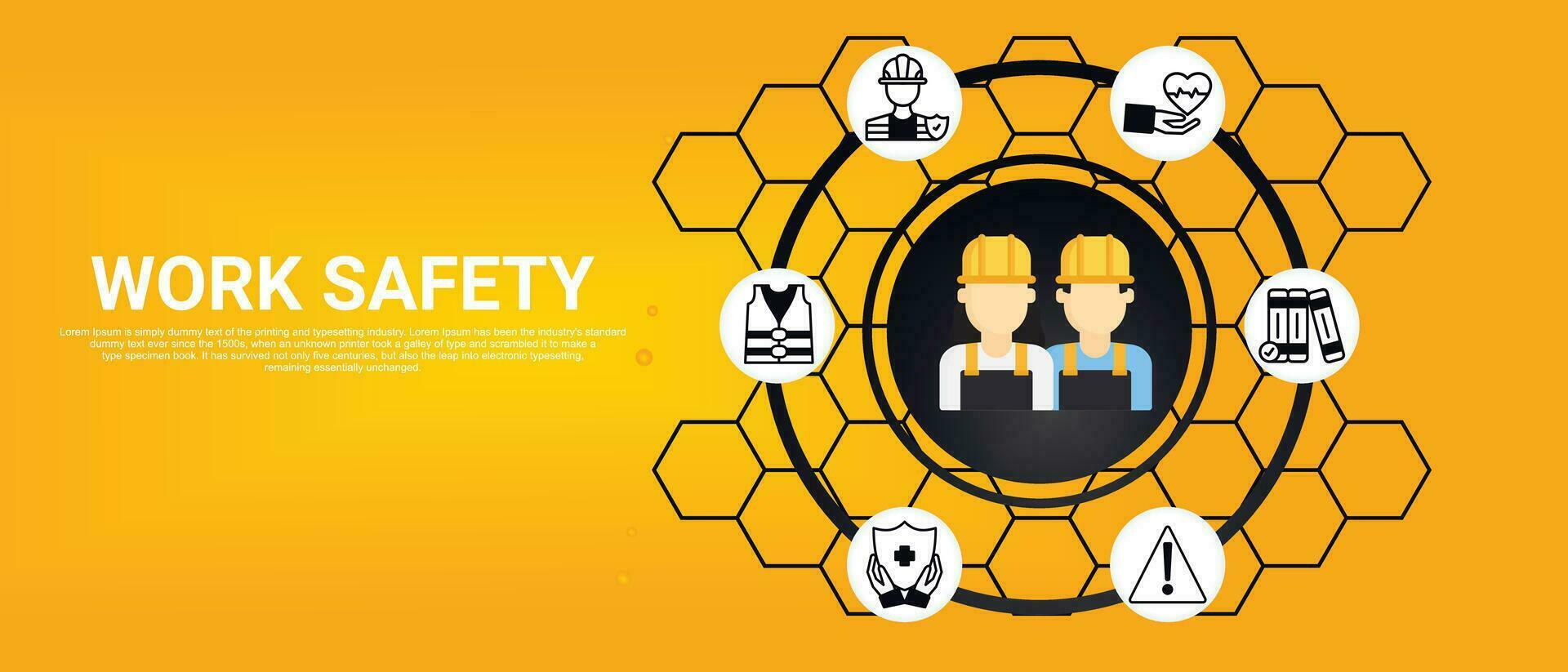 Work safety banner website icons vector illustration concept of occupational safety and health with an icons of safety first, protection, regulations, hazard, health, insurance on white background