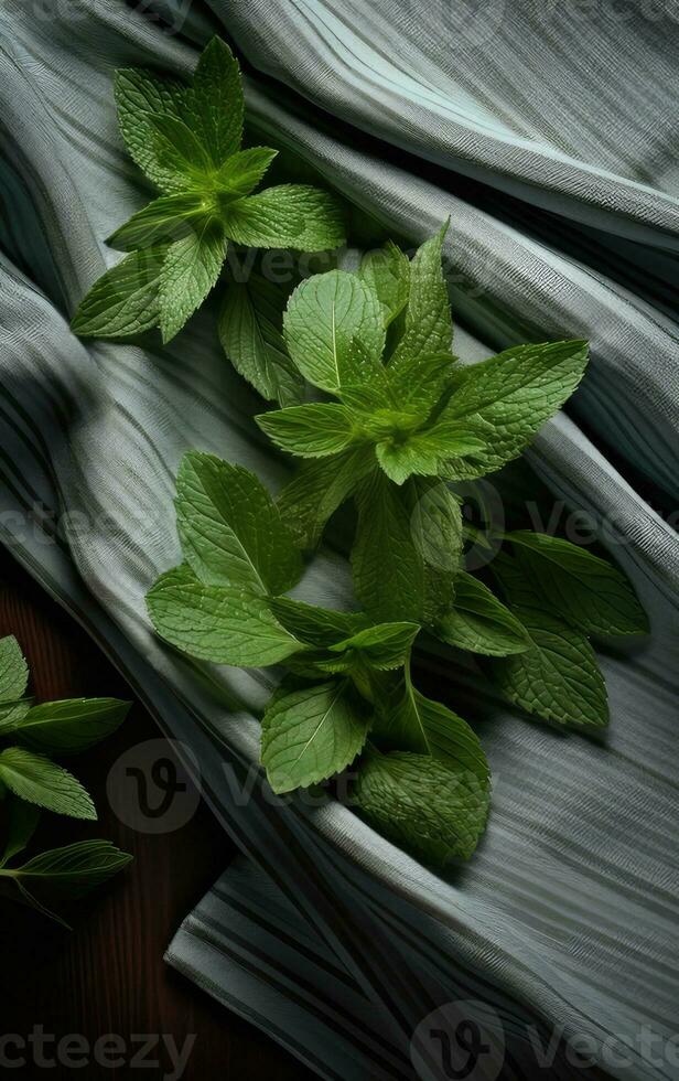 Fresh organic mint leaves ready for cooking on the kitchen table. Created with Generative AI technology. photo