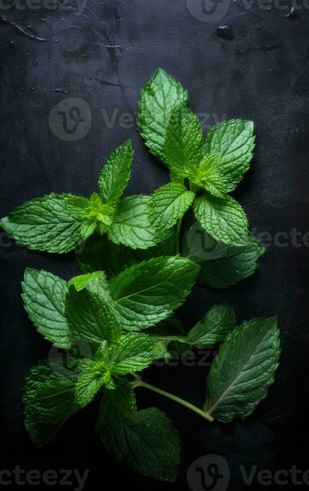 Fresh organic mint leaves ready for cooking on the kitchen table. Created with Generative AI technology. photo