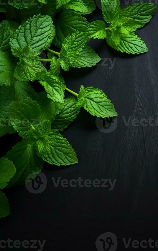 Fresh organic mint leaves ready for cooking on the kitchen table. Created with Generative AI technology. photo