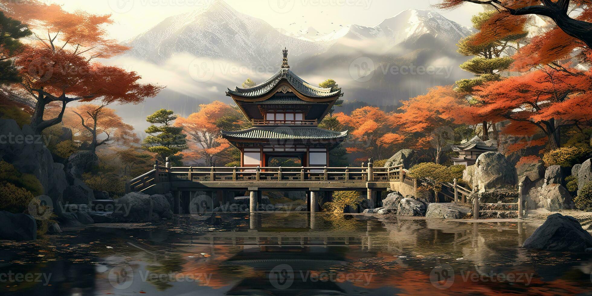 AI Generated. AI Generative. Traditional history asian Japanese Chinese temple building tower garden nature outdoor background. Graphic Art photo