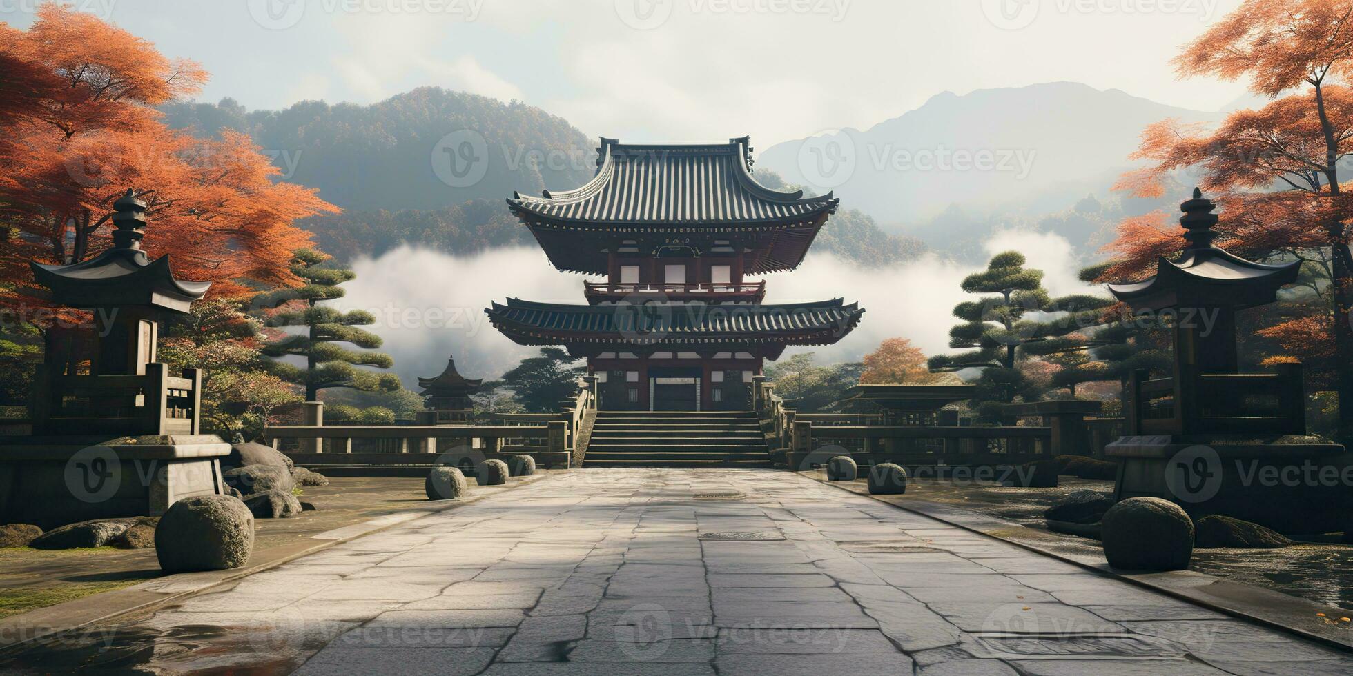 AI Generated. AI Generative. Traditional history asian Japanese Chinese temple building tower garden nature outdoor background. Graphic Art photo