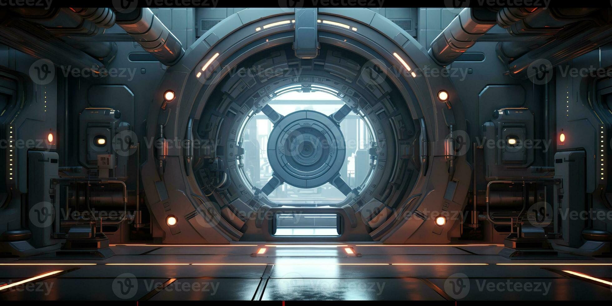 AI Generated. AI Generative. Futuristic space ship galaxy alien door gate entrance sci fi concept neon indoor architecture. Graphic Art photo