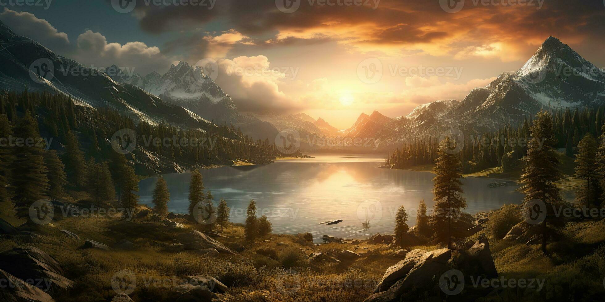 AI Generated. AI Generative. Beautiful nature outdoor landscape background. Lake river forest and mountain view. Adventure explore vibe. Graphic Art photo