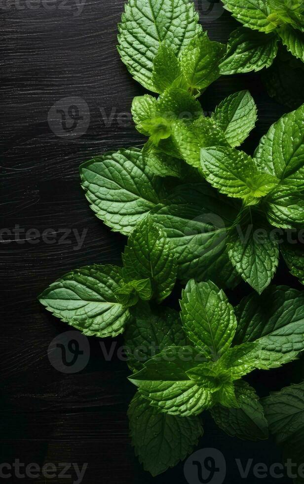 Fresh organic mint leaves ready for cooking on the kitchen table. Created with Generative AI technology. photo