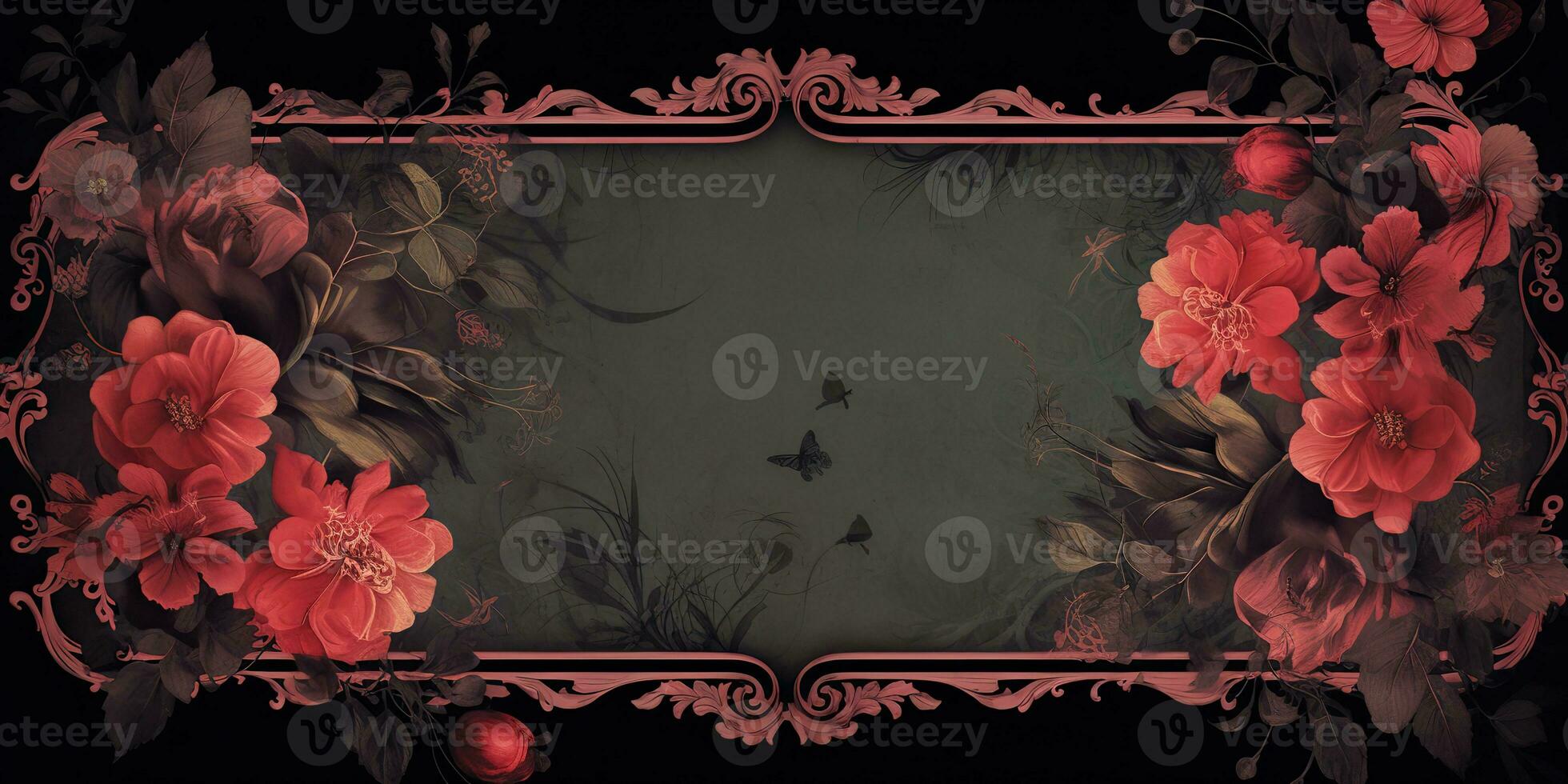 AI Generated. AI Generative. Vintage retro antique floral flowers pland frame in baroque style mock up background. Graphic Art photo