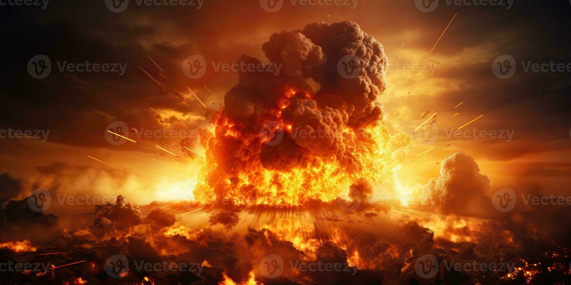 AI Generated. AI Generative. Nuclear atomic explosion boom mushroom fire flame smoke apocalypse detonation. Graphic Art photo