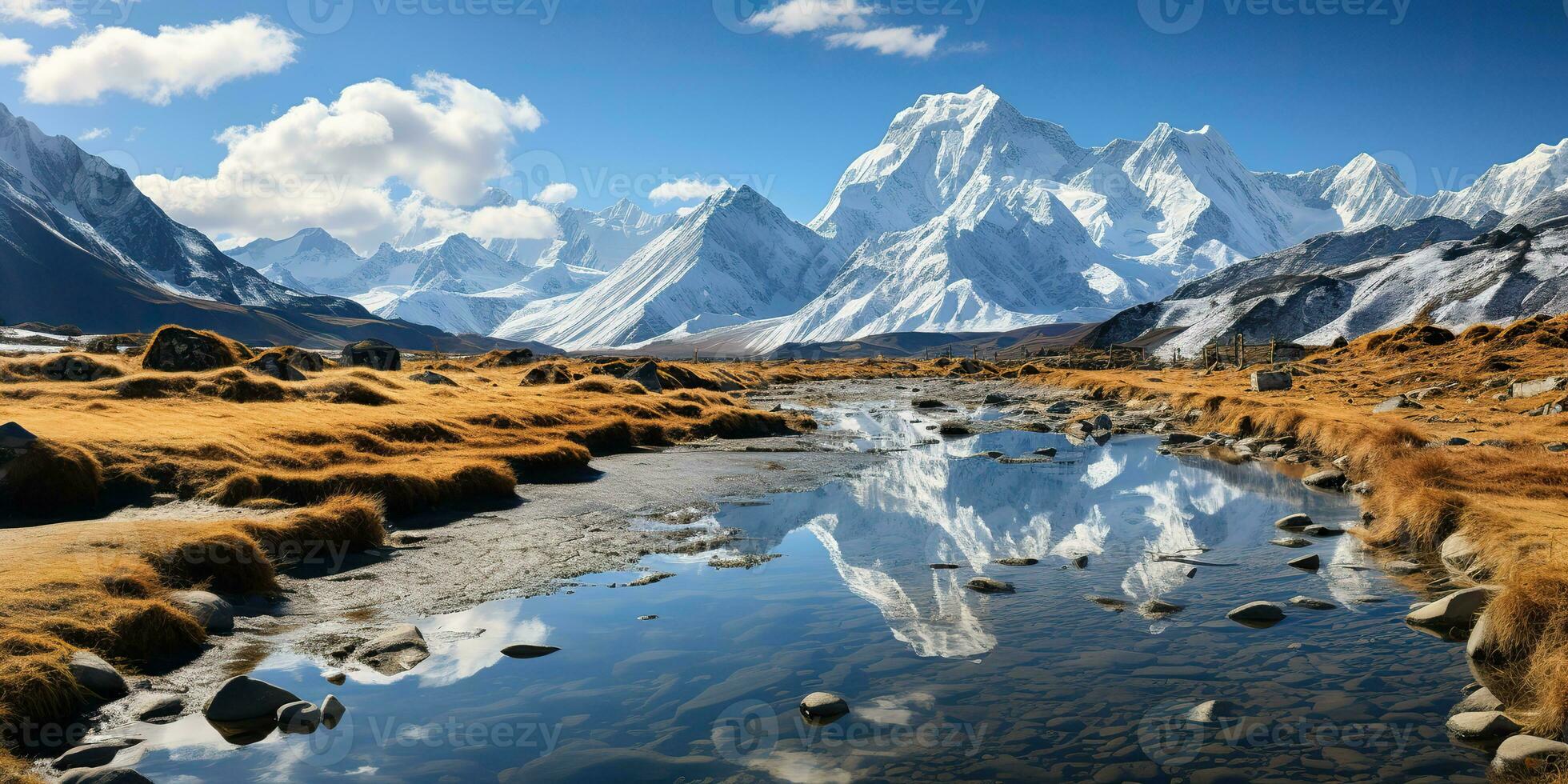 AI Generated. AI Generative. Wild nature outdoor mountain lake meadow landscape background. Adventure explore journey inspiration. Graphic Art photo