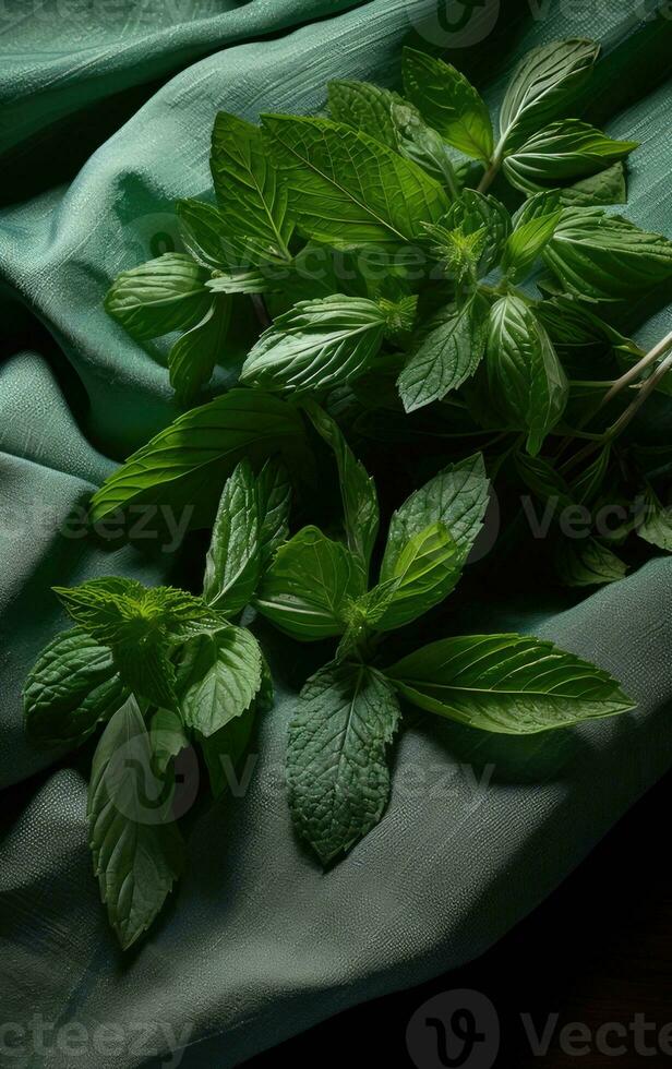 Fresh organic mint leaves ready for cooking on the kitchen table. Created with Generative AI technology. photo