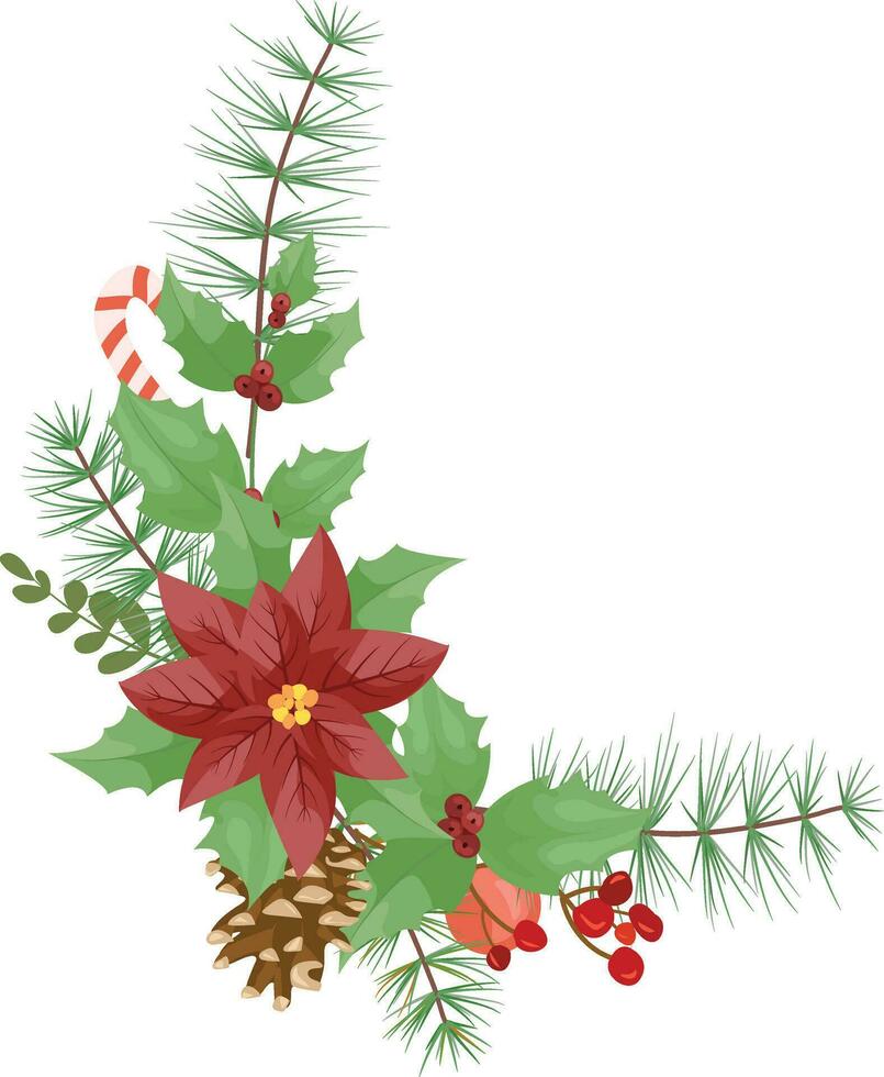 Christmas decoration with poinsettia, pine needles, berries and decorative elements. Design element for Christmas decoration. vector