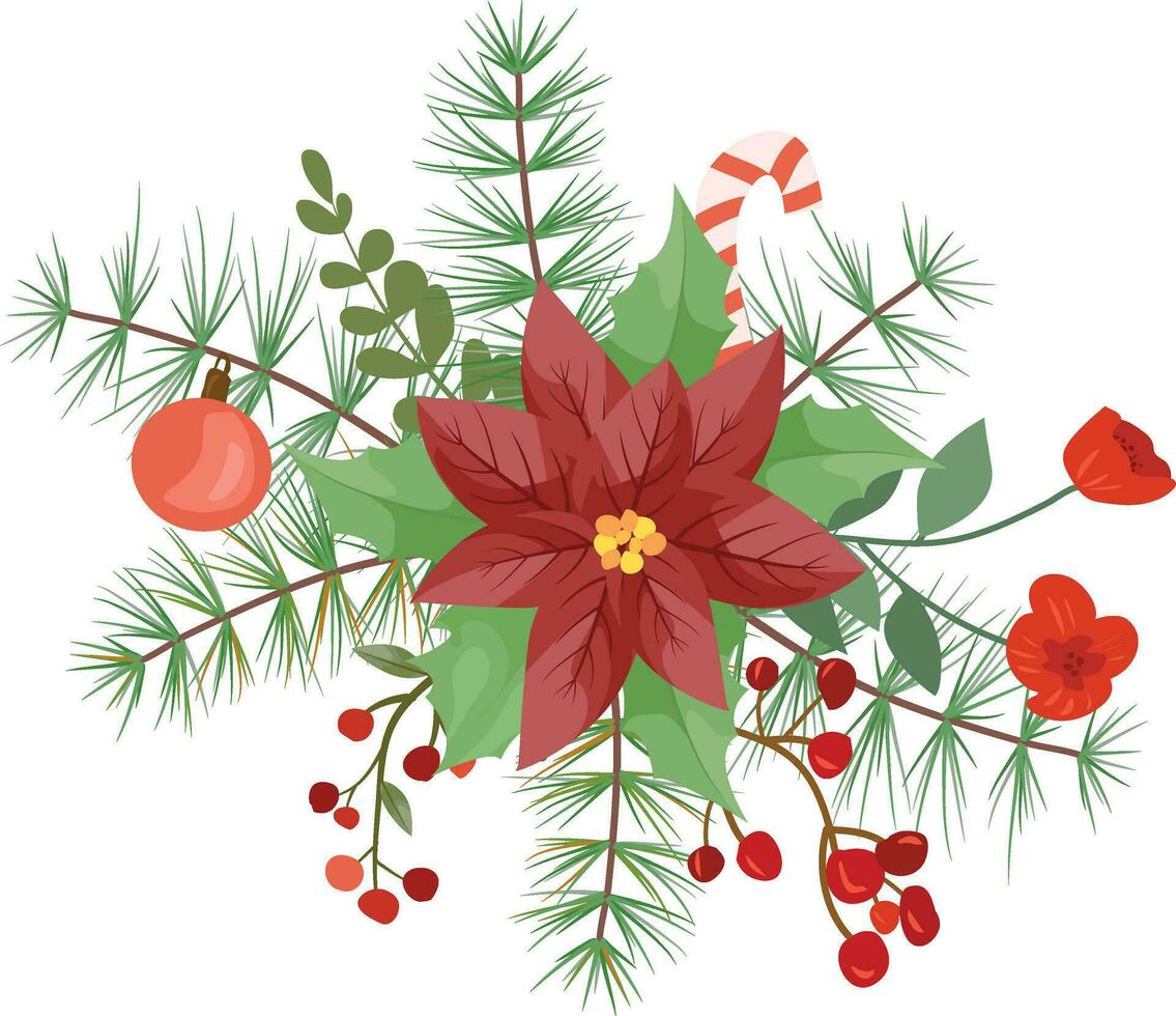 Navidad decoración con flor de pascua, pino agujas, bayas y decorativo elementos. diseño elemento para Navidad decoración. vector