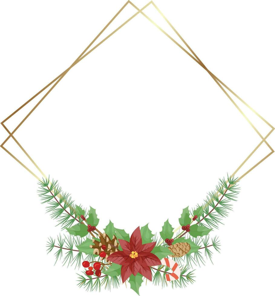 Merry Christmas frame with red poinsettia flowers, Holly, leaves, berries, pine, fir, green twigs on white background. New Year floral composition for greeting cards, design. vector