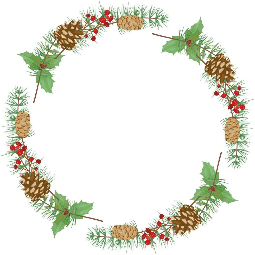Merry Christmas frame with red poinsettia flowers, Holly, leaves, berries, pine, fir, green twigs on white background. New Year floral composition for greeting cards, design. vector