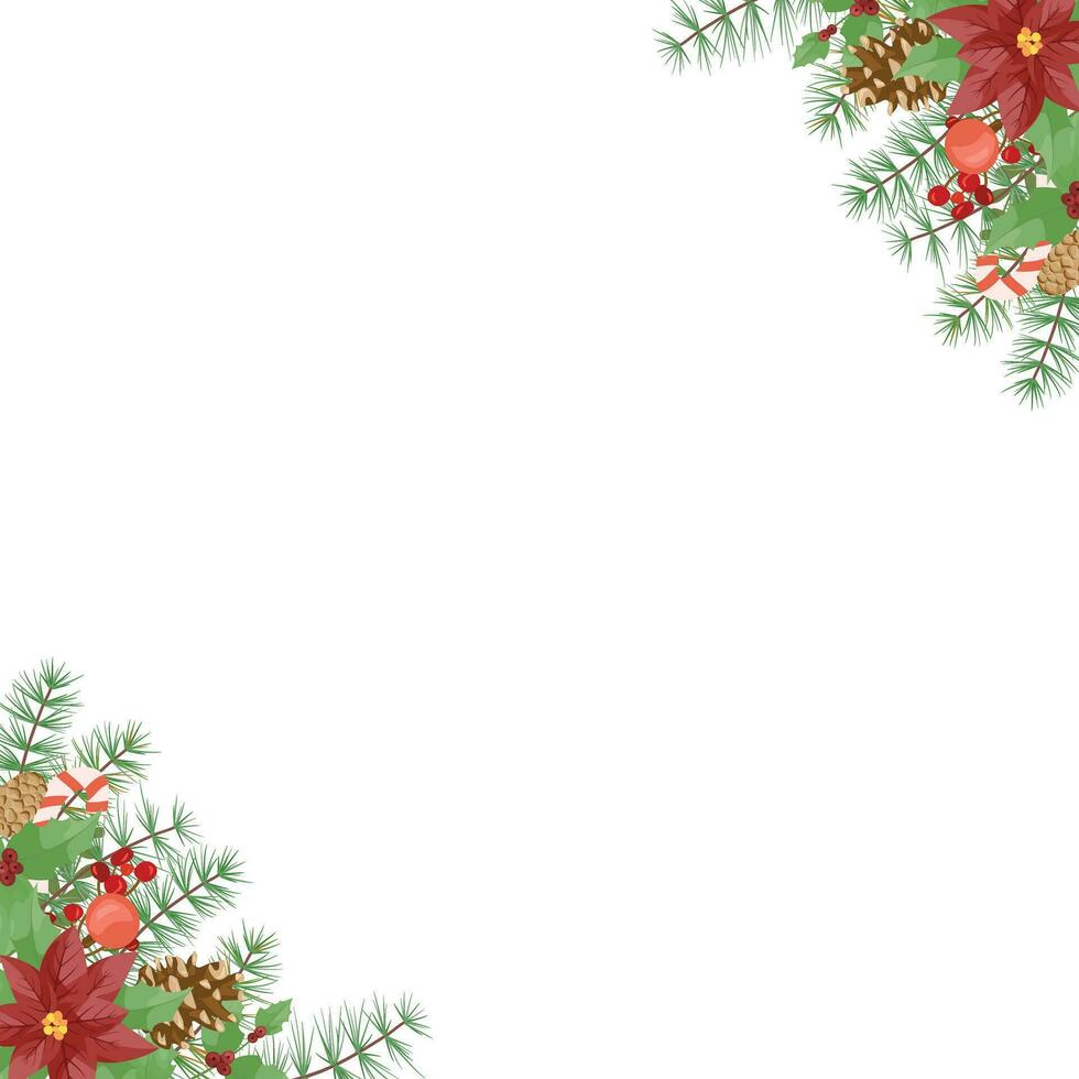 Merry Christmas frame with red poinsettia flowers, Holly, leaves, berries, pine, fir, green twigs on white background. New Year floral composition for greeting cards, design. vector