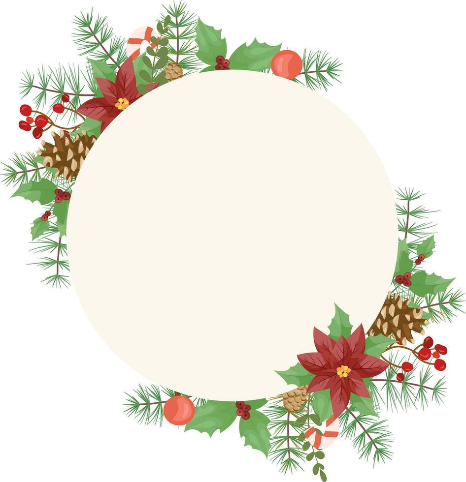 Merry Christmas frame with red poinsettia flowers, Holly, leaves, berries, pine, fir, green twigs on white background. New Year floral composition for greeting cards, design. vector