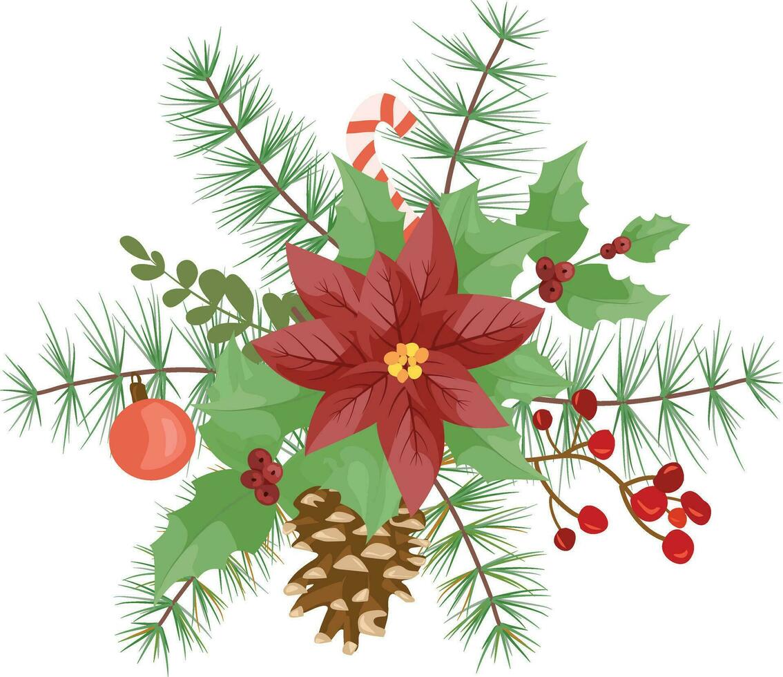 Navidad decoración con flor de pascua, pino agujas, bayas y decorativo elementos. diseño elemento para Navidad decoración. vector