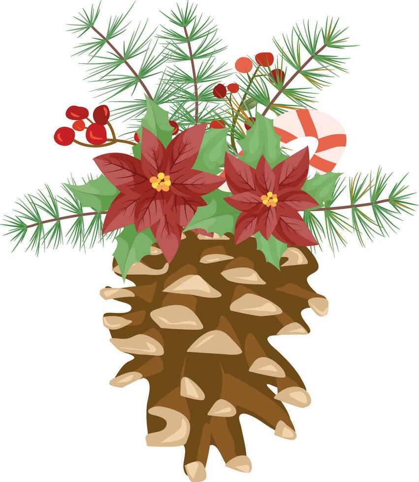 Christmas decoration with poinsettia, pine needles, berries and decorative elements. Design element for Christmas decoration. vector