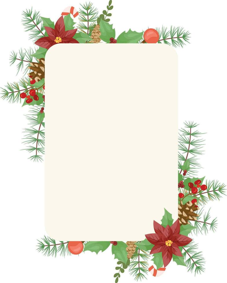 Merry Christmas frame with red poinsettia flowers, Holly, leaves, berries, pine, fir, green twigs on white background. New Year floral composition for greeting cards, design. vector