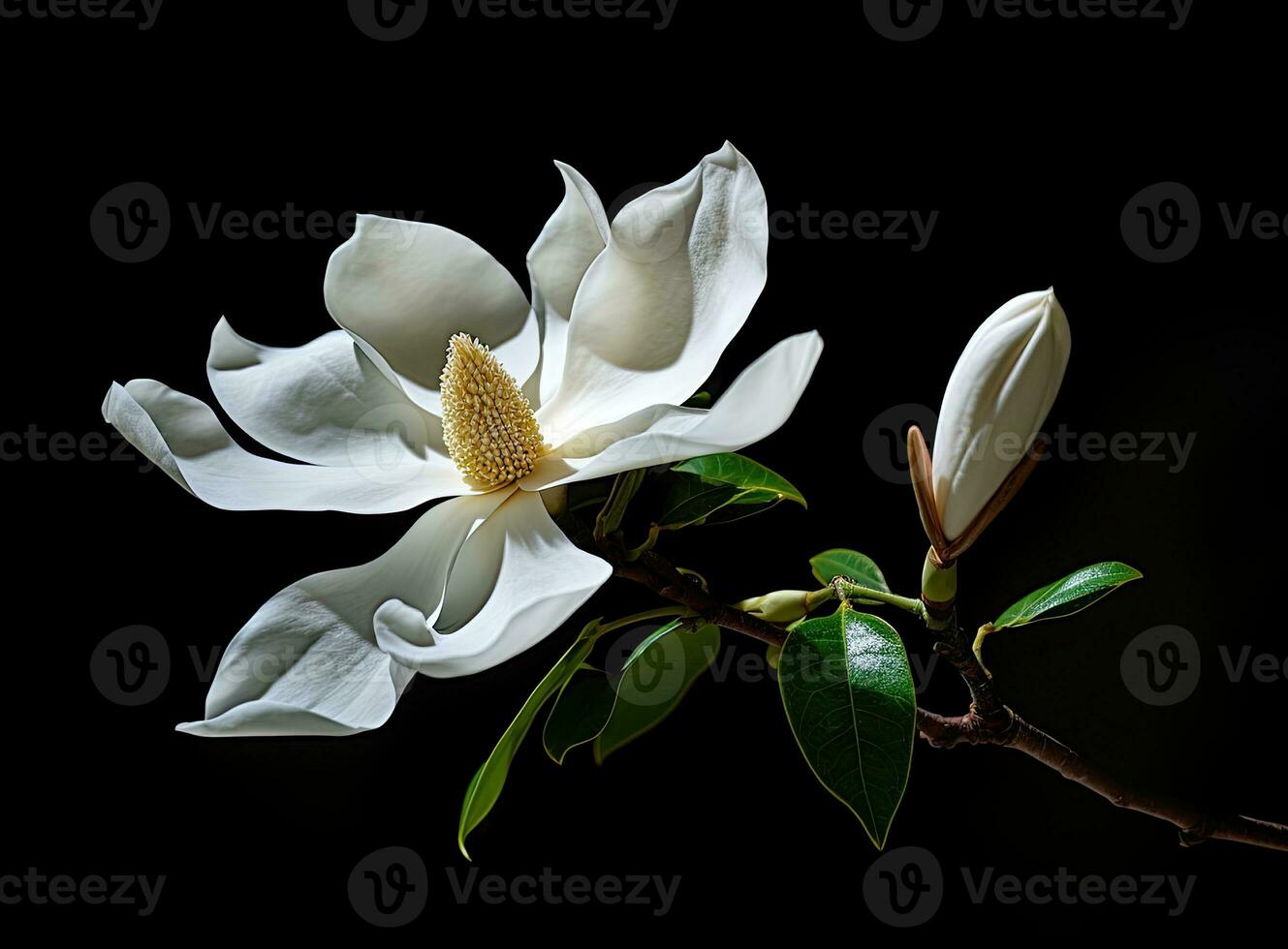 beautiful large white magnolia against a background of dark green leaves on a tree in spring day. Created with Generative AI technology. photo