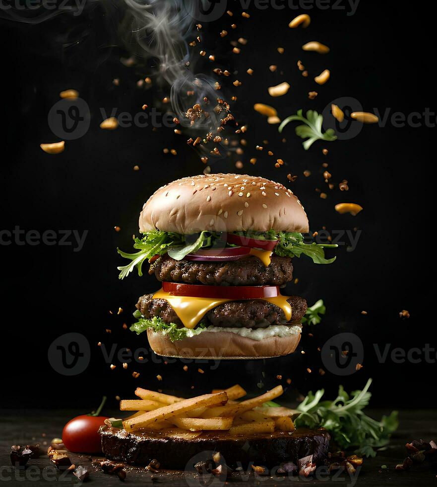 Fresco sabroso hamburguesa volador aire y papas fritas con pequeño vapor en oscuro antecedentes. rápido alimento. insalubre pero delicioso alimento. comercial promocional foto ai generativo