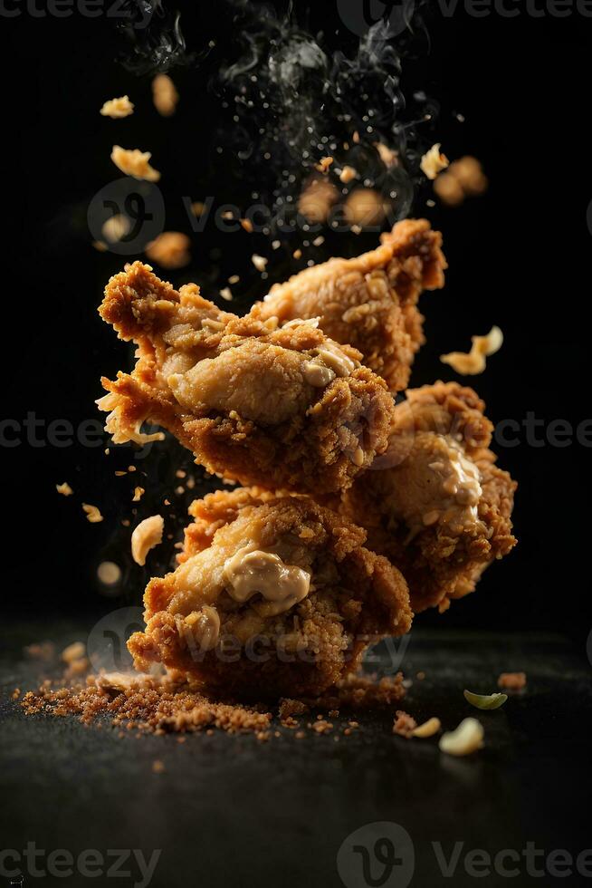 Breaded Fried chicken tossed up flying in the air on dark background. Commercial promotional photo AI Generative