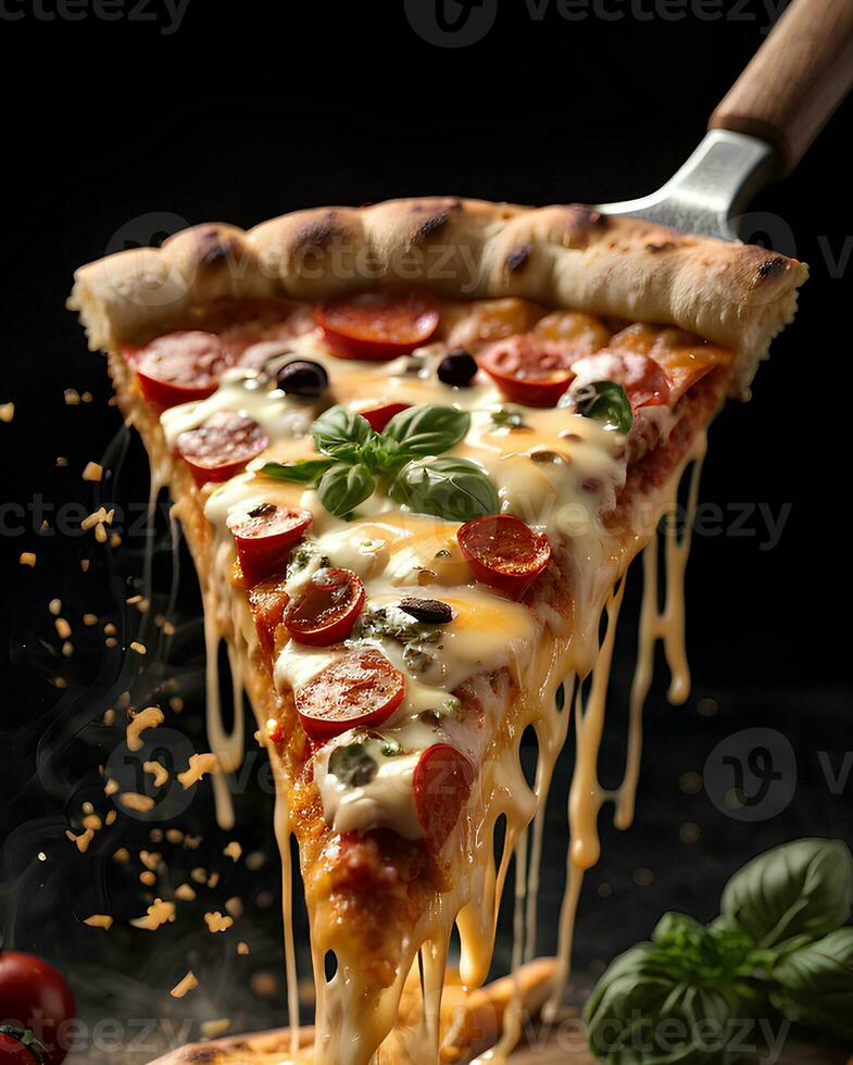 rebanada de Pizza con queso, salami, Tomates, pimienta, especias y Fresco albahaca en oscuro antecedentes. comercial promocional comida foto ai generativo