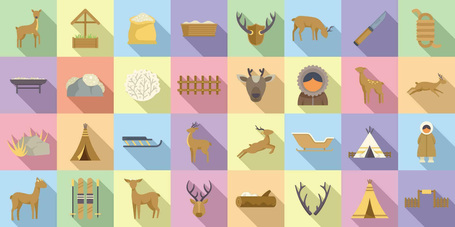 Reindeer herding icons set flat vector. Animal herd vector