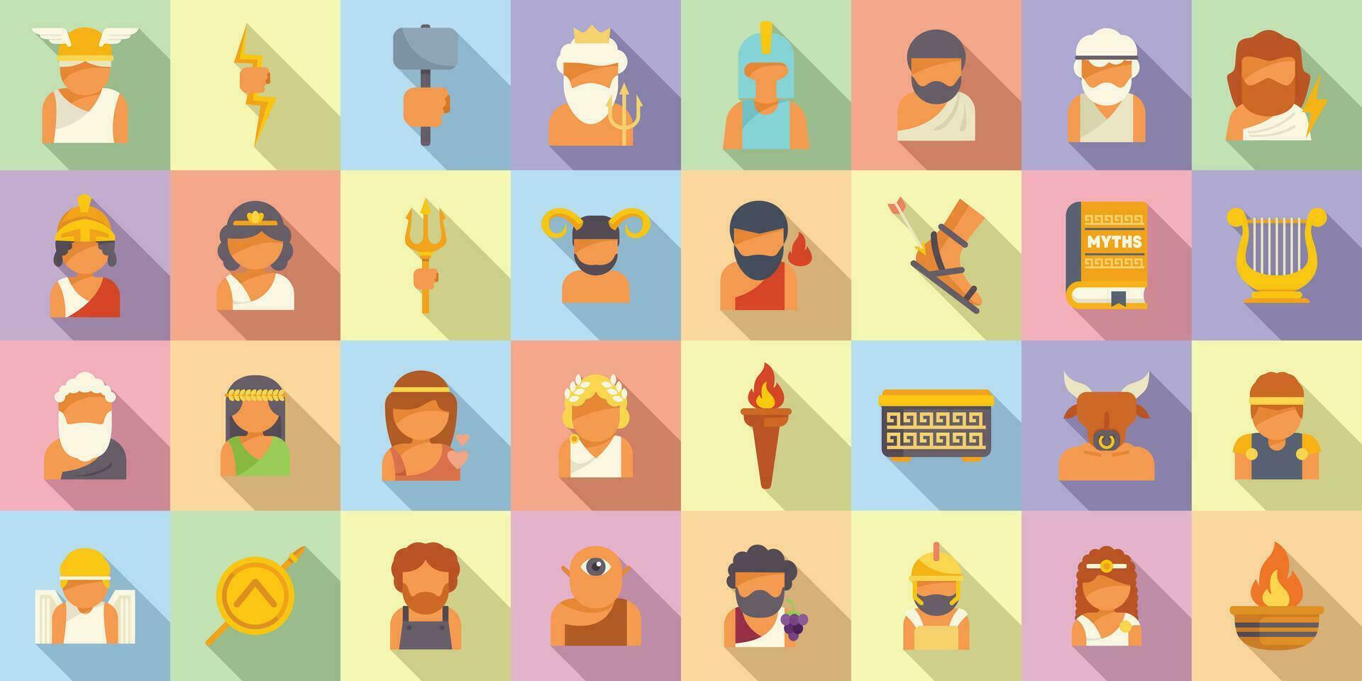 Greek mythology icons set flat vector. Roman god vector