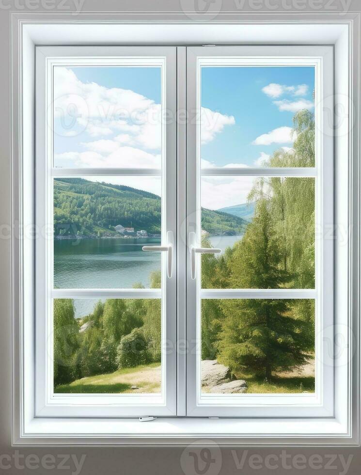 Modern residential window and trees and sky behind. Created with Generative AI technology. photo