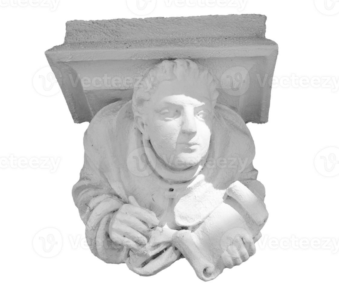 Old friar statue on the wall isolated PNG photo with transparent background.