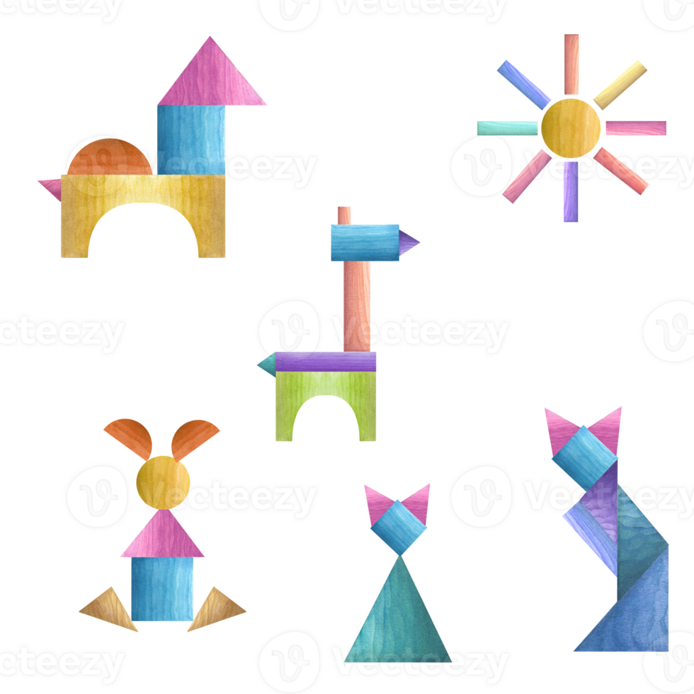 Set of watercolor geometric animals. Cat, hare, rabbit, horse, lama, giraffe, colored sun. Child Toys. Games with kids. Watercolor illustration for print, poster, label, logo png