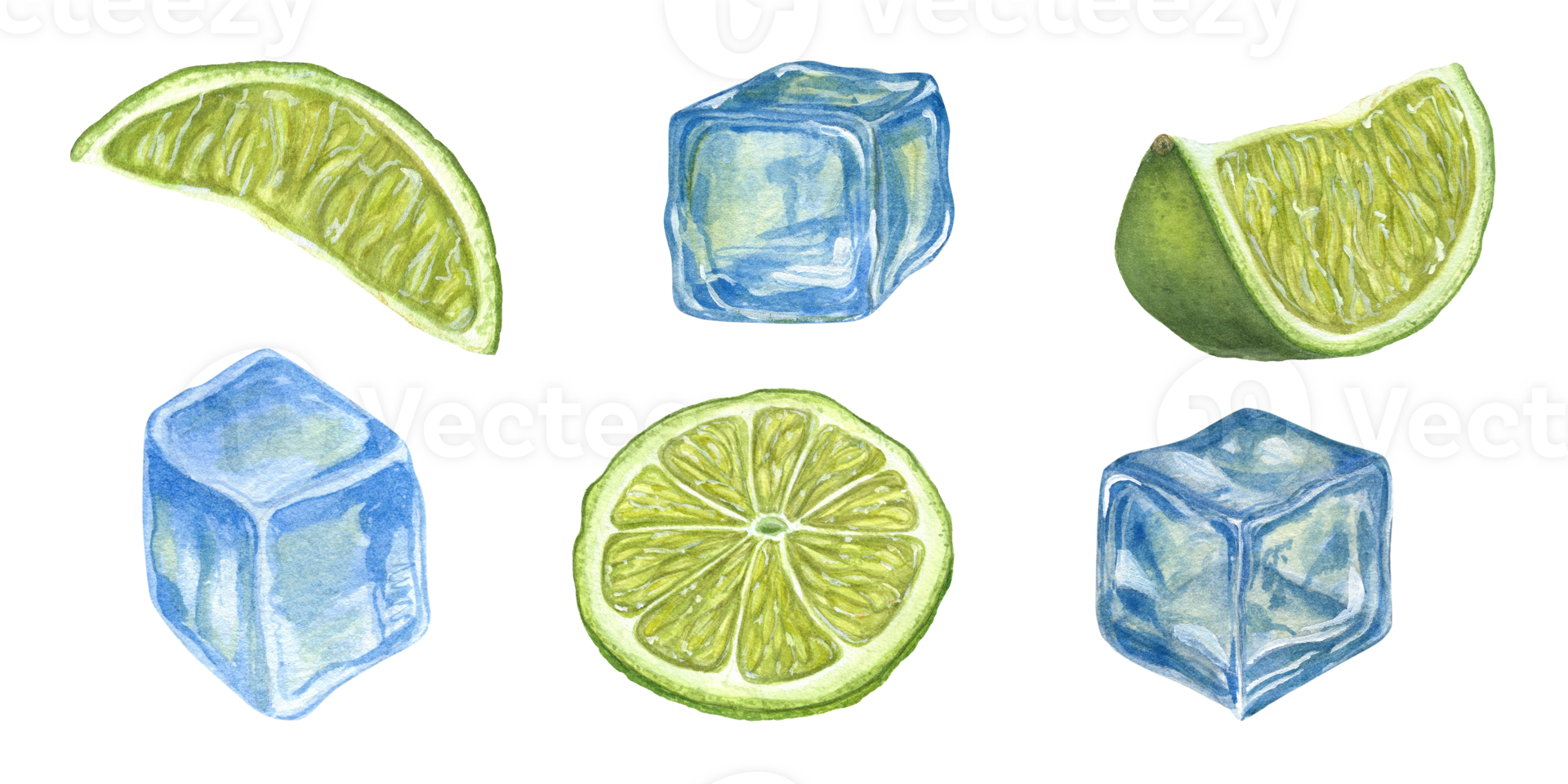 Watercolor set of Lime slices, blue Ice Cubes. Hand drawn illustration for print, menu, celebration design, cocktail party, flyer, posters png