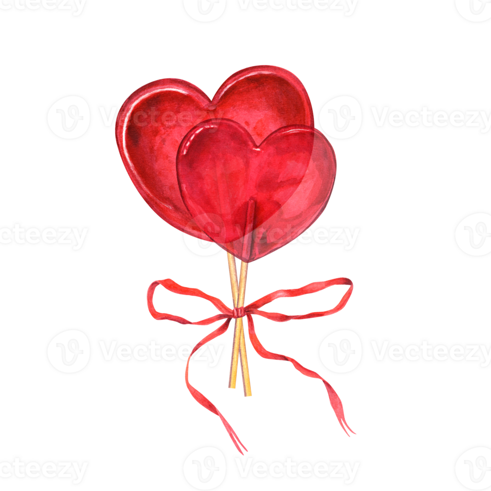 Transparent red caramel in the shape of heart decorated with red ribbon. Bouquet of candies, bonbons, lollipop, sugar caramels on stick. Watercolor illustration for greetings, postcard, invitation png