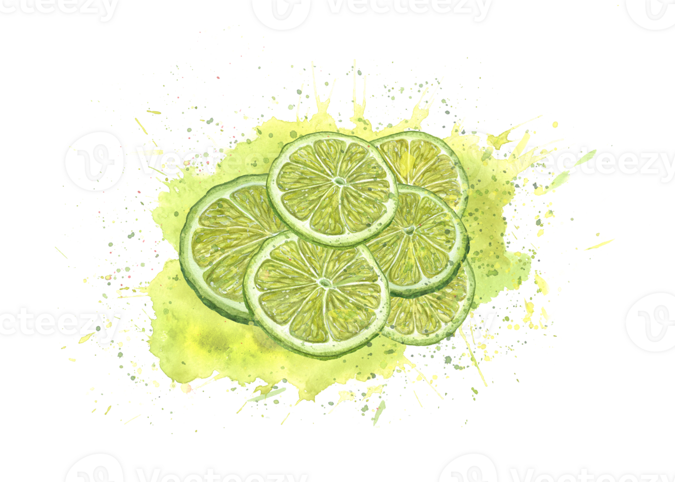 Watercolor fresh lime slices in juice splash. Juicy spray, ripe citrus. Bright illustration for creative design, cocktail party, flyer, posters, postcards png