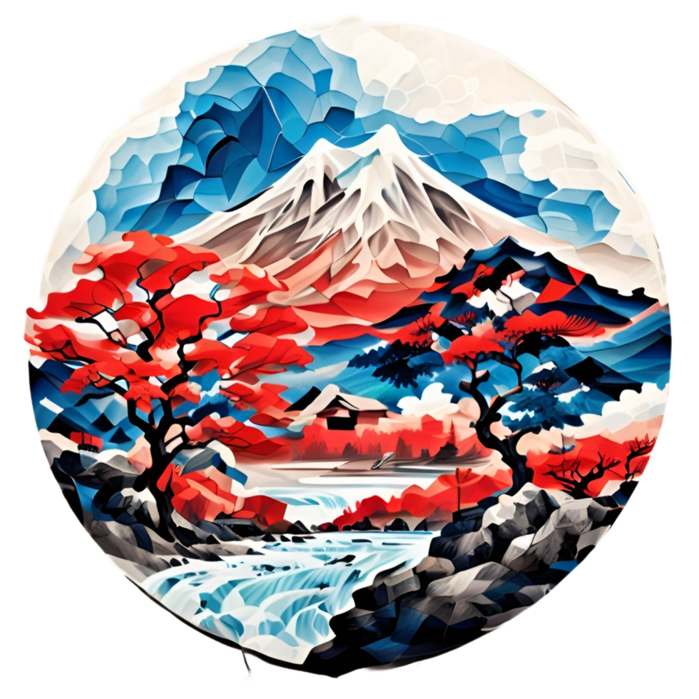 Japanese Style Mountain And Tree Sticker Ai Generative png